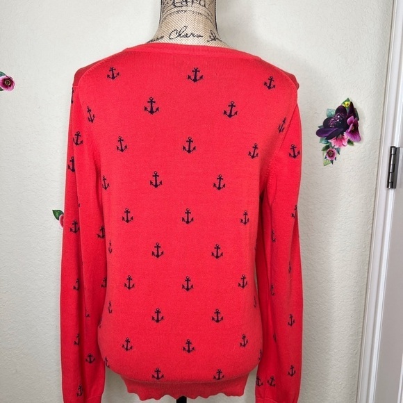 Tommy Hilfiger Button Down Red-Orange with Navy Anchors Sweater Cardigan Size M - Picture 7 of 8